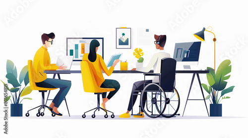 illustration Brainstorming Inclusive coworking workspace team meeting with a wheelchair user