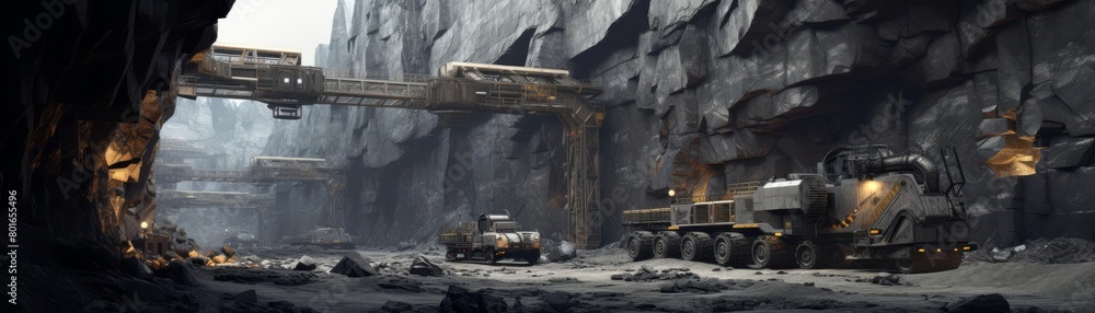 A cavernous underground mining facility with massive machines and vehicles. The space is dark and dirty, with a strong sense of danger and foreboding.