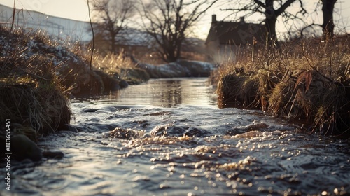 A serene scene of a whisky distillery s water source  with a tranquil stream or river flowing through the surrounding landscape.