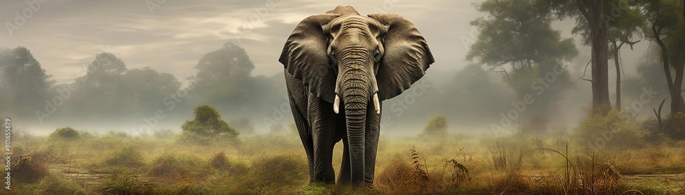 Naklejka premium An elephant stands in the middle of a savanna. The elephant is facing toward the viewer and is surrounded by tall grass. The background is a blur of trees and the sky is overcast.