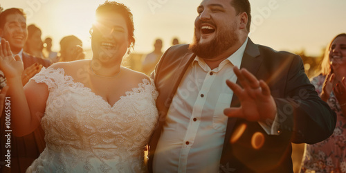 An pretty fat bride and groom stand in wedding dresses with a stupid face and look at the viewer. surrounded by guests clapping hands and laughing. Summer sunset light. photo