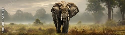 An elephant stands in the middle of a savanna. The elephant is facing toward the viewer and is surrounded by tall grass. The background is a blur of trees and the sky is overcast. photo