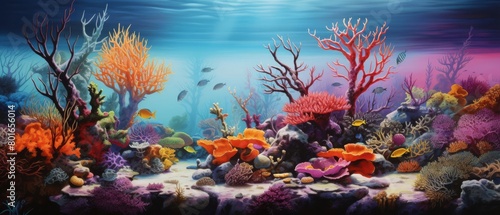 The vibrant hues of a dying coral reef  express the contrast between life and destruction vividly with realistic details and a sorrowful atmosphere in oil painting