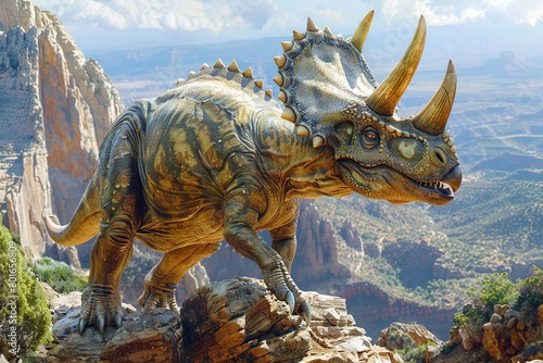 A professional photo captures the Triceratops dinosaur in its natural habitat  grazing in a rugged prehistoric landscape adorned with rocky outcrops and sparse vegetation