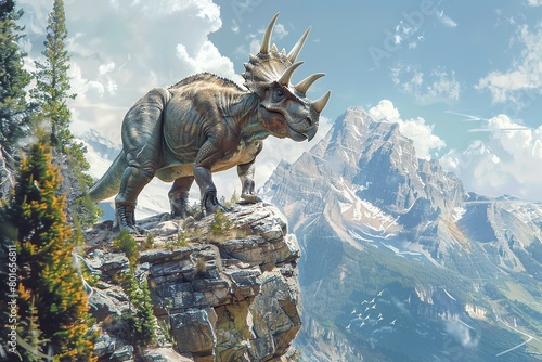 A professional photo captures the Triceratops dinosaur in its natural habitat  grazing in a rugged prehistoric landscape adorned with rocky outcrops and sparse vegetation