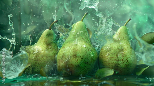 Three juicy green pears, chilled, with dynamic splashes of water, standing together, embody the concept of fresh and summer snacking. Green background with soft cool undertones