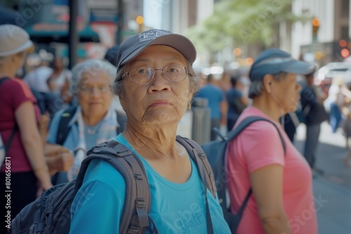Senior Asian tourist woman with backpack and cap in New York. © Igor