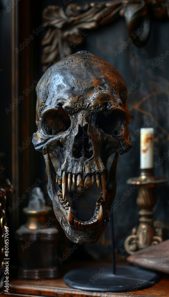 skull table candles mirror black resin medium closeup creature basement metal sculpture underbite lich