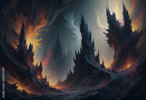 Dramatic and ominous landscape, towering dark rock formations creating an enclosed space, fiery glow emanating from within the crevices of the rocks, casting an orange and yellow hue, Generative AI.