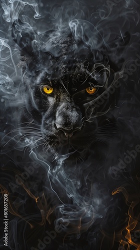 closeup black leopard yellow eyes smoke gorgeous puma spirits alter boiling shadowy informant grey skin blue necro ability kitty cat kitten determined front photo