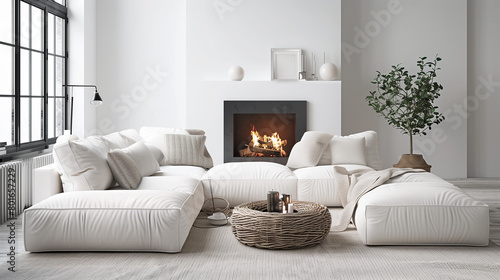  Sure, here are 50 related titles in paragraph form with commas between each title:  White corner sofa near fireplace, Scandinavian home interior design of modern living room, Cozy corner sofa by the  © Guru