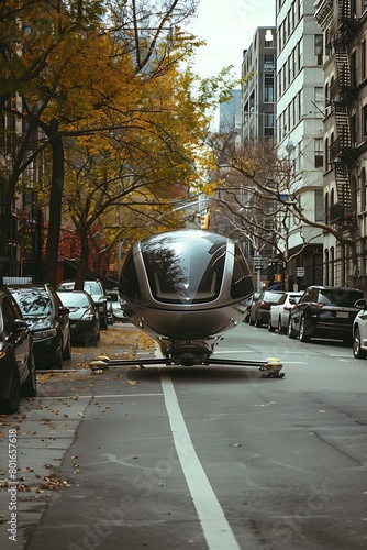 An automated delivery pod navigates urban landscapes, revolutionizing package transport