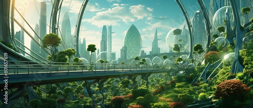 A lush and verdant cityscape of the future with gleaming skyscrapers and lush greenery. photo