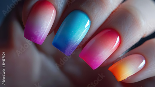 vibrant gradient nail art with glossy finish on female hand photo