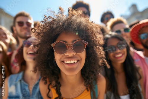 Young african american girl in sunglasses with friends on background.
