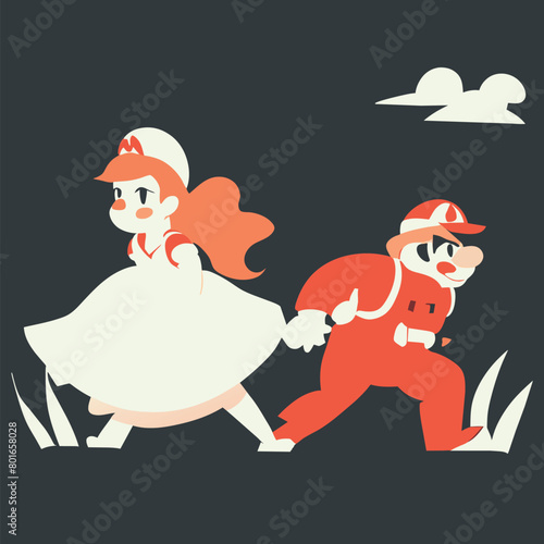 its a kingdom mario and princess adventure together kill turtle and mushroom but bowser is chasing photo