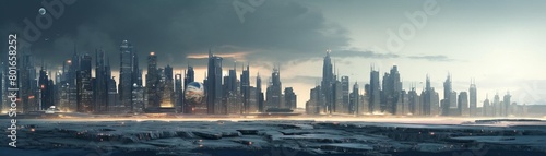 A beautiful matte painting of a futuristic city. The city is built on a frozen lake, and there are mountains in the background. The sky is cloudy, and the sun is setting.