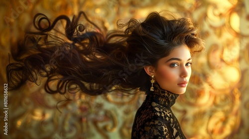 woman long hair black dress gold earrings milady winter windy floating trimmings portrait talented business products supplies swirling caramel looks photo