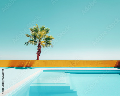 Minimal summer creative concept with swimming pool and palm tree. Hot, sunny day at poolside. Pastel colors.