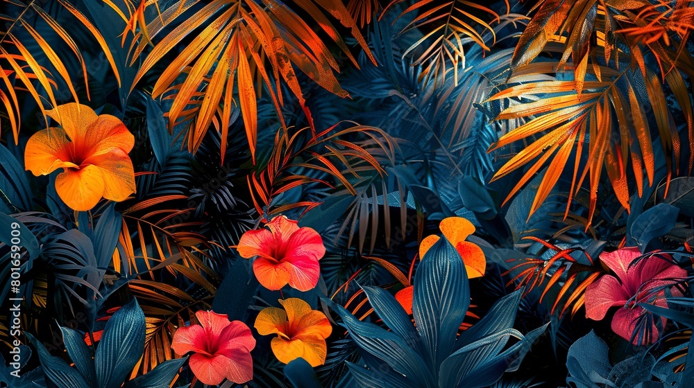 High-resolution abstract featuring bold, close-up views of exotic tropical floral patterns. 