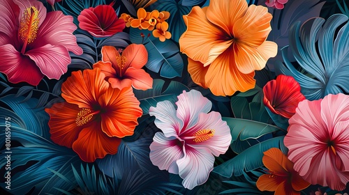 Close-up of abstract tropical floral designs  highlighting the lush beauty and diversity of exotic blooms. 