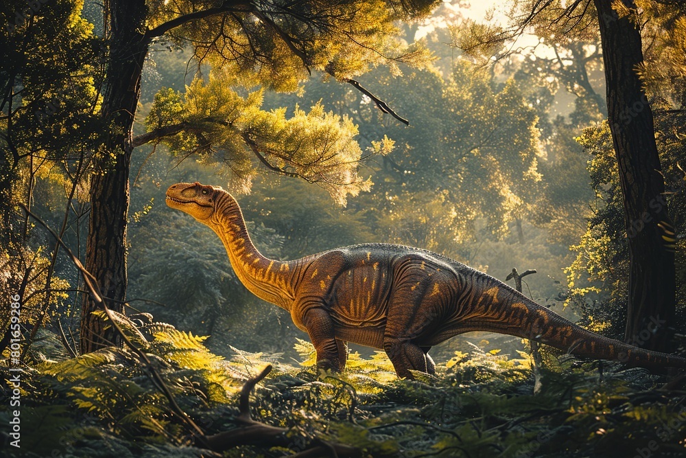 Photograph of a Brontosaurus basking in the warm glow of a sunset, casting a golden hue on its massive form against a backdrop of majestic mountains and colorful skies. Photograph of a Brontosaurus basking in the warm glow of a sunset, casting a golden hue on its massive form against a backdrop of majestic mountains and colorful skies.