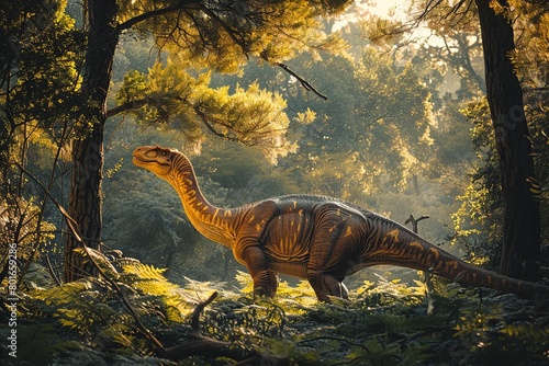 Photograph of a Brontosaurus basking in the warm glow of a sunset  casting a golden hue on its massive form against a backdrop of majestic mountains and colorful skies.