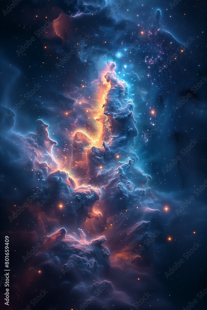closeup galaxy stars clouds looks tree silhouette smoke transcending higher plane breathing blue fire travel upwards empty space