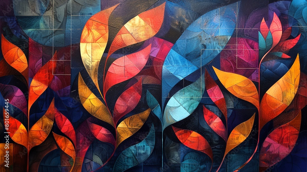 Abstract art with a close-up on the harmonious blend of geometric shapes and floral designs for a modern look. Abstract art with a close-up on the harmonious blend of geometric shapes and floral designs for a modern look.