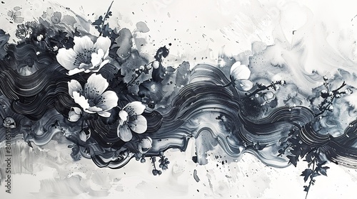Detailed ink and wash floral patterns in a close-up abstract setting  showcasing the harmony of ink flow and floral elegance. 