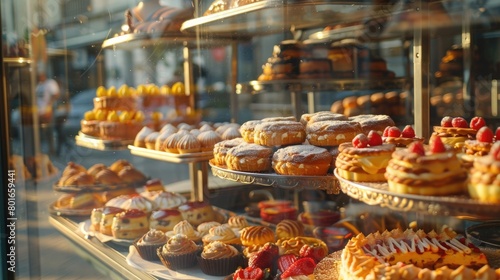 A vibrant display of assorted pastries in a bakery window, tempting passersby with the artful creations of baking on World Baking Day. photo