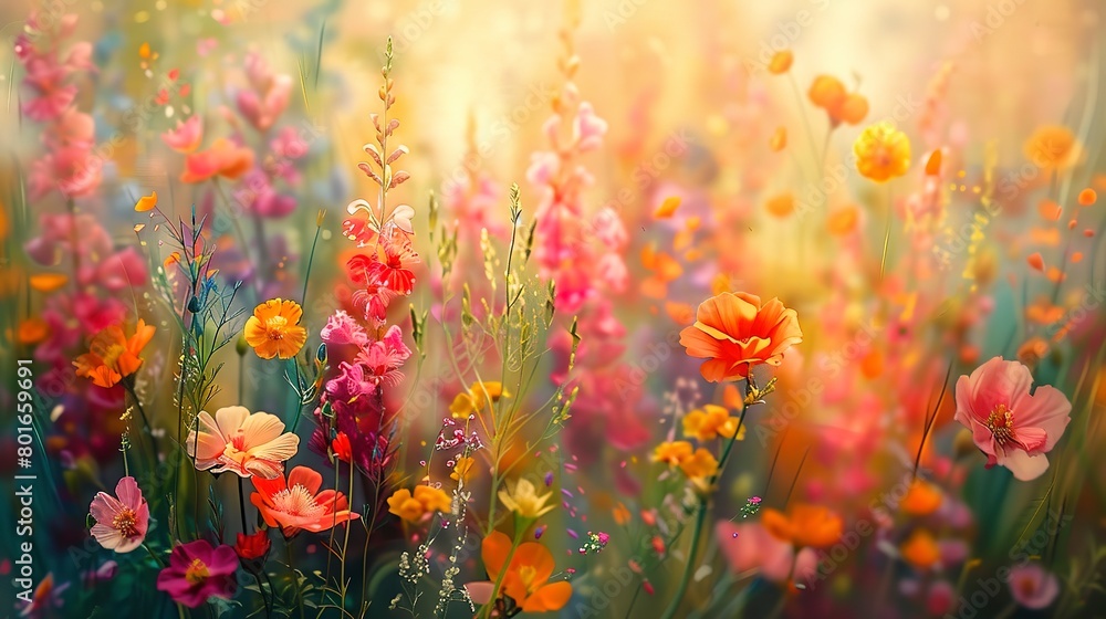 Close-up abstract of a lush flower field, blending the vivid hues and soft textures of various blooms.