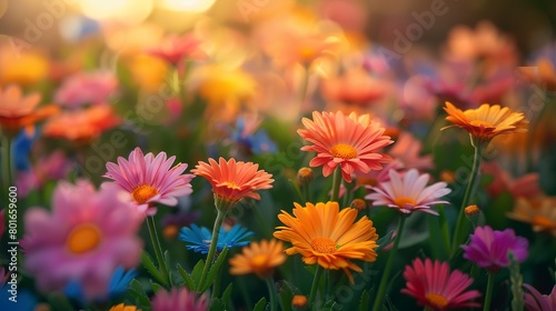Close-up of a vibrant flower field view set against an abstract background, showcasing a sea of blooms © Thanthara