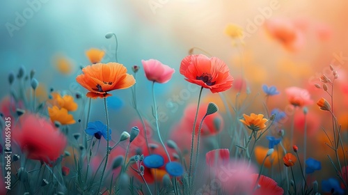 Abstract art focusing on the detailed beauty of a flower field, with a close-up perspective of wildflowers. 