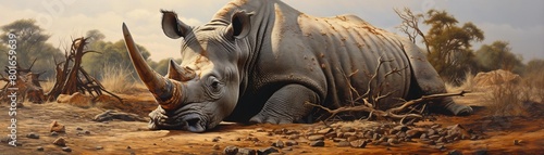 A poignant scene of a vulnerable Rhino under the threat of poaching, depicted in a detailed oil painting with a low-angle view to evoke a sense of urgency and empathy photo