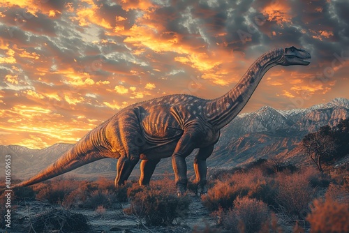 Photograph of a Brontosaurus basking in the warm glow of a sunset  casting a golden hue on its massive form against a backdrop of majestic mountains and colorful skies.