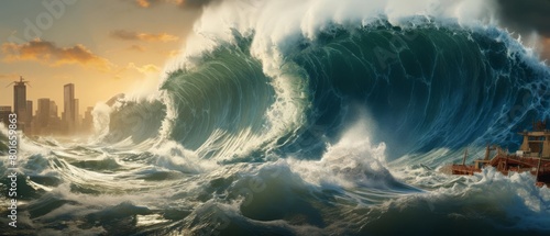 A large tsunami wave is about to hit a coastal city. The wave is very high and powerful. The city is in danger.