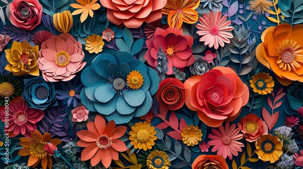 Vibrant and textured, a close-up abstract featuring paper craft florals for a playful, artistic vibe. 
