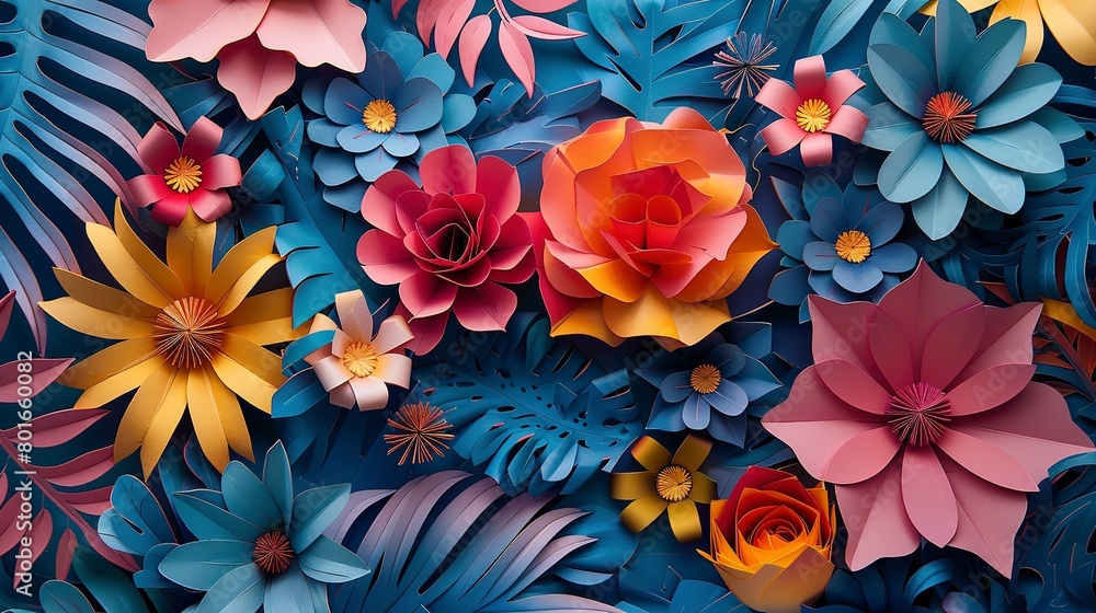 Detailed paper craft floral patterns in a close-up abstract setting, showcasing the harmony of color and form. Detailed paper craft floral patterns in a close-up abstract setting, showcasing the harmony of color and form.