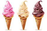 Illustration of Ice Cream on a cone. Chocolate, Vanilla, and Strawberry flavored ice cream on a transparent background.
