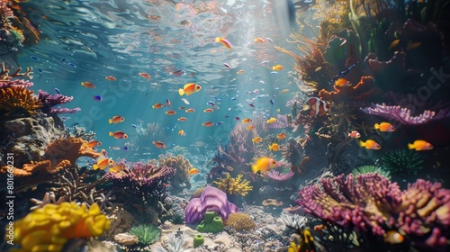 A serene underwater scene of a coral reef bustling with activity, from tiny shrimp to colorful parrotfish, illustrating the dynamic and vibrant ecosystem of reefs on World Reef Awareness Day.