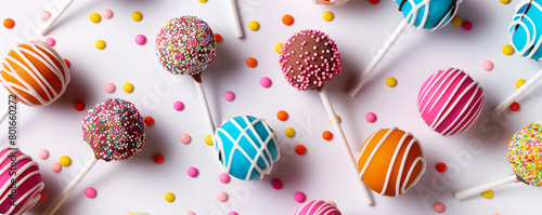 flat lay arrangement of colorful cake pops arranged in a decorative pattern on a white background.