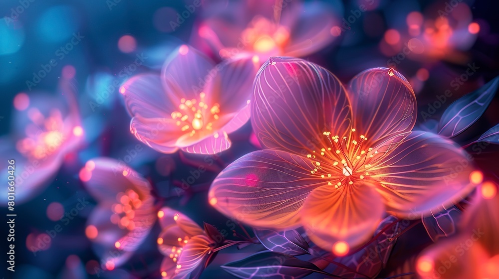 Bold and illuminated abstract background, focusing on close-up neon floral designs for a captivating effect.