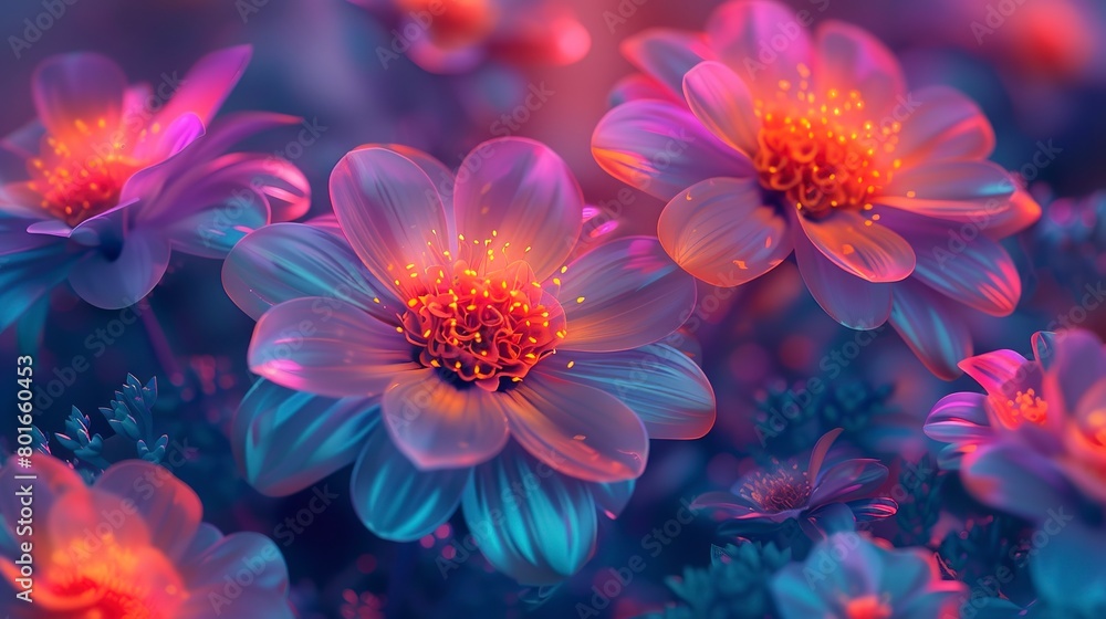 Detailed neon floral patterns in a close-up abstract setting, highlighting the mesmerizing beauty of neon colors. Detailed neon floral patterns in a close-up abstract setting, highlighting the mesmerizing beauty of neon colors.