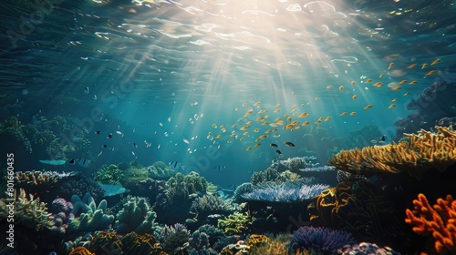 A serene view of a sunlit reef, with shimmering waters and vibrant marine life, illustrating the importance of conservation and protection of coral reefs on World Reef Awareness Day.