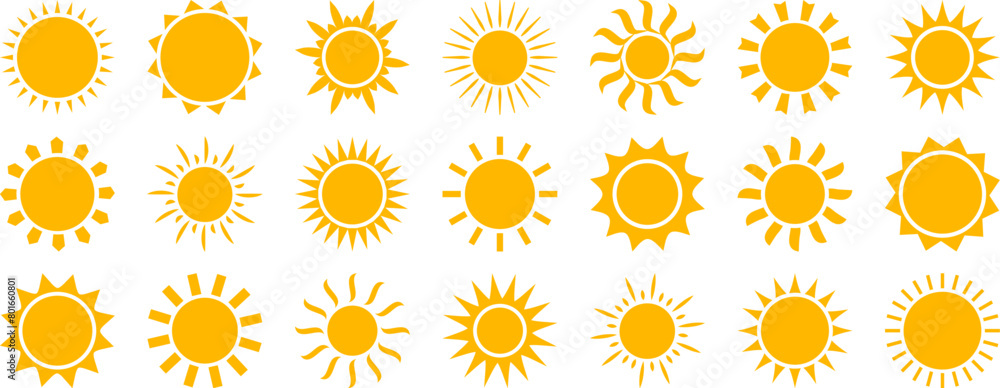 Summer sun icon, sunlight symbol, yellow star set, nature weather circle element, minimal hot ray, bright solar sticker collection isolated on white background. Cartoon vector illustration Summer sun icon, sunlight symbol, yellow star set, nature weather circle element, minimal hot ray, bright solar sticker collection isolated on white background. Cartoon vector illustration
