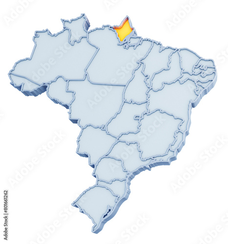Brazilian state of Amap   highlighted in golden yellow on three-dimensional map of Brazil isolated on transparent background. 3D rendering