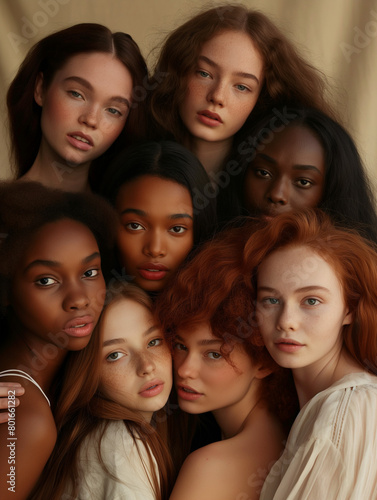 An intimate studio photo with a group of models, all showcasing their different hair types and hair lenght, under warm studio lights. Generative AI.