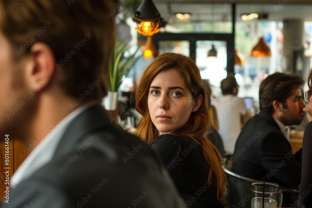 Young business people having a meeting in a restaurant. Businessman and businesswoman talking in a cafe.