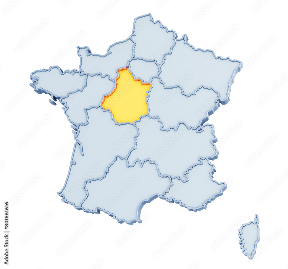French region of Centre-Val de Loire highlighted in golden yellow on three-dimensional map of France isolated on transparent background. 3D rendering